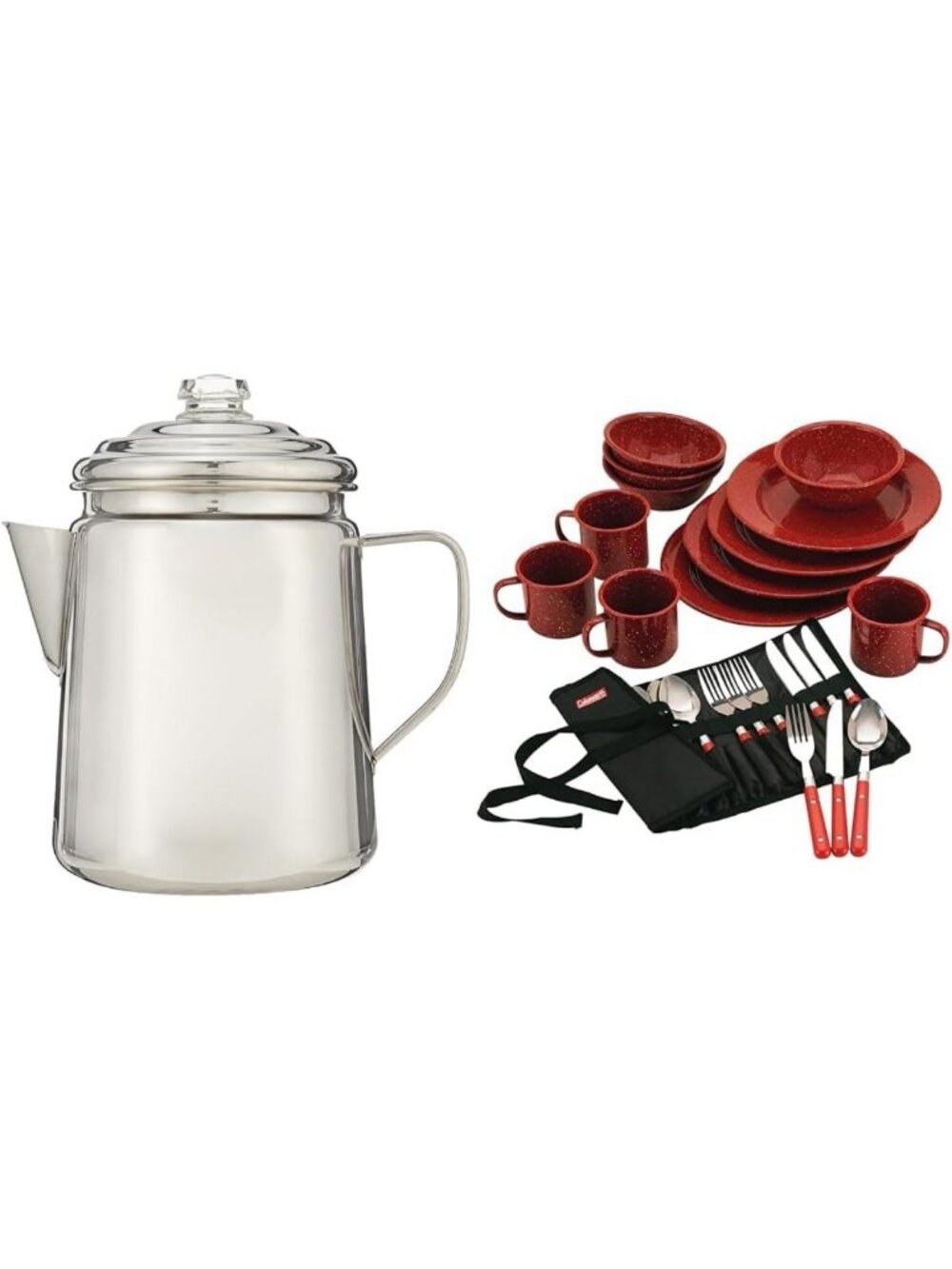 12-Cup Stainless Steel Coffee Percolator & 24-Piece Enamel Dinnerware Set for